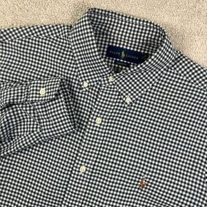 Ralph Lauren Mens L Button Down Shirt Navy Gingham Classic Fit Flesh Pony